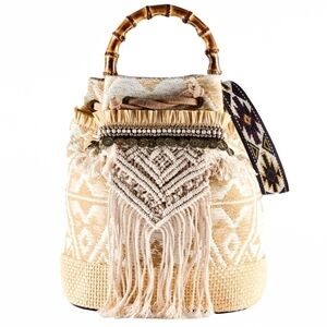 ViaMailBag Boho Cream Bucket Bag Ethnic Navajo Pattern Handwoven Bamboo